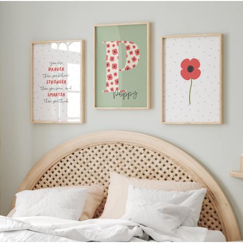 Custom Poppy Initial & Name Prints - Set of 3 - Digital Download - Art Artwork Bedroom Playroom Kids Personalised Floral Red Poppies Flower