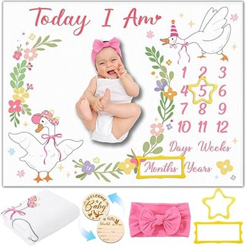 Silly Goose Baby Milestone Blanket for Baby Girl, Floral Flannel Blanket Newborn Infant Swaddle Baby Growth Blanket Photography Background with Wooden Signs,Frames,Bow Heandband