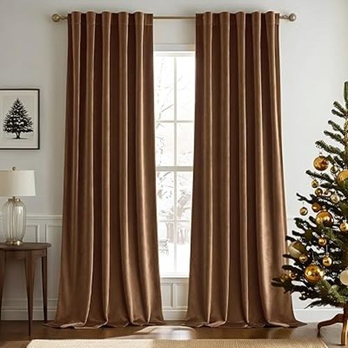Woaboy Back Tab & Rod Pocket Velvet Curtains 84 Inches Long 2 Panels Set, Brown Classical Thermal Insulated Light Blocking Window Drapes for Bedroom Living Room Nursery Privacy, W52 x L84
