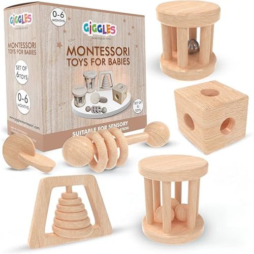 (6 Pack) Babies 0-6 Months, Wooden Baby Toy Rattle, Teether, Teethers, Teething for Babies, Natural Wood, Baby Toys, Infant Circle Rattle, Rattles, Baby Wooden Toys 6-12 (Natural)