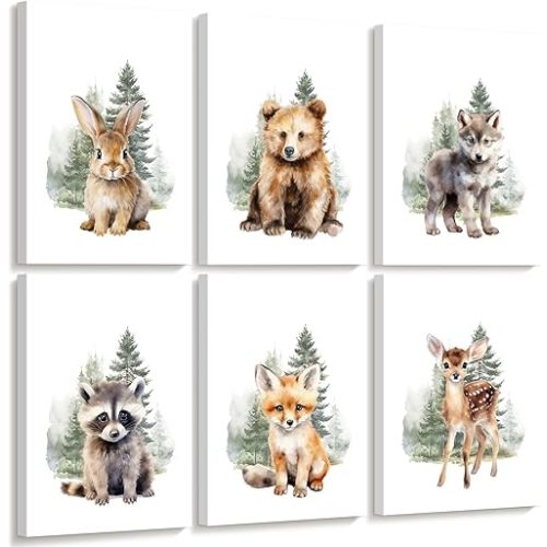Joocrise Woodland Animal Nursery Wall Art Decor Set of 6 Baby Boys Room Wall Art Forest Animal Canvas Wall Decor Kids Art Prints Watercolor Bear Deer Fox Pictures Artwork for Bedroom 8x10 Inch Framed