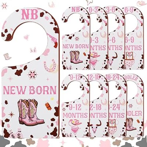 Baby Closet Dividers 8PCS, Western Cowgirl/Wild West Rodeo Themed Wooden Double-Sided Clothes Size Hanger Organizer from Newborn to Toddler for Nursery Decor Baby Shower Birthday Gift Pink