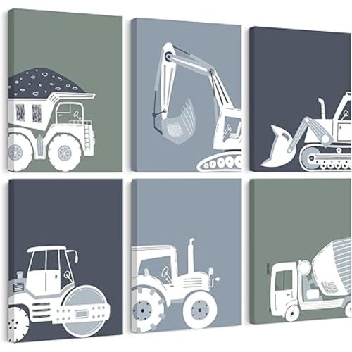 Construction Truck Wall Art Nursery Canvas Wall Decor Boys Room Wall Art Kids Car Posters Toddler Prints Nursery Artwork Excavator Tractor Pictures for Playroom Bedroom 8x10x6 Inch Framed
