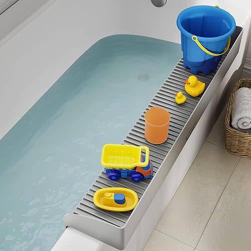 Roslim Large Bathtub Side Splash Guard - Silicone Tub Water Splash Guard，Tub Play Shelf for Bathtub Kids, Bath Toy Tray Holder, Bathroom Accessories for Children & Toddler Bath, (Grey)