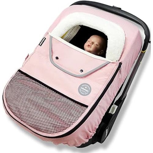 Winter Car Seat Cover for Babies,Carrier Cover with Zippers and Elastic Edge, Carseat Canopy to Protect Baby from Cold Wind,Rain & Snow Repellent, Universal Fit for Infant Car Seat (Pink)