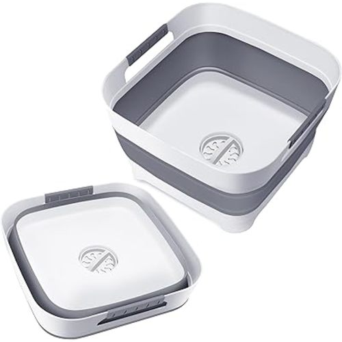 2.4 Gal Collapsible Wash Basin with Drain Plug, Space-Saving Multiuse Foldable Bucket, Portable Sink Tub, 9L Dishpan for Flush Pump Parts, Ice Beverage Tubs for Camping, Vegetable Washing, RV (Gray)