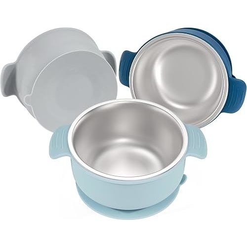 Bella's Friends Stainless Steel and Silicone Baby Bowls with Suction 3 Pack, 4.3” for Toddlers Kids Feeding, Non-Slip, Non-Toxic, Mess-Free, Dishwasher Safe, Fit High Chair Size, blue dark blue gray