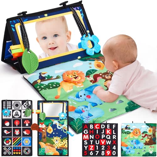 hahaland Tummy Time Toys for Babies 0-6 Months - Tummy Time Mat Miror with Teethers Crinkle Toy - Black and White High Contrast Baby Toys for Newborn Baby Infant Toys 0-6 Months