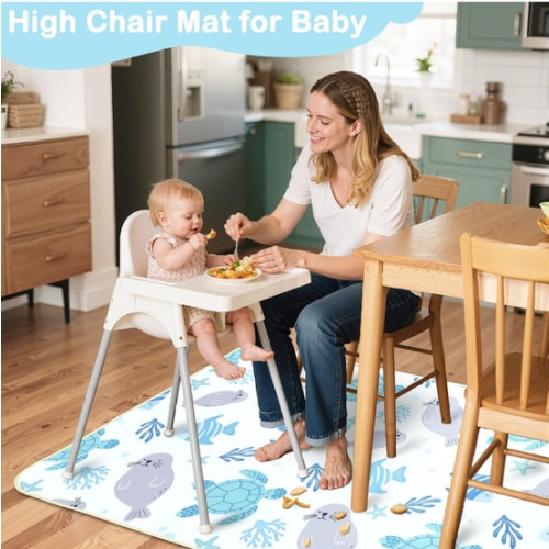 Splat Mat for Under High Chair 42 x 42 Inch Waterproof Baby Splash Mat with Non Slip Bottom Reusable Portable Highchair Mat for Floor Food Catcher for High Chair, Blue Ocean