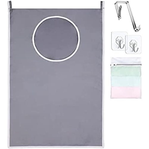 Hanging Laundry Hamper(30"L x 20"W) with 2 Adjustable Stainless Steel Over Door Hooks 30Lb& 2 Adhesive Hooks 2.75"L 25Lb & Grey Mesh Laundry Bag. Large Size Door Hamper for Kids Room, Bathroom, Dorm