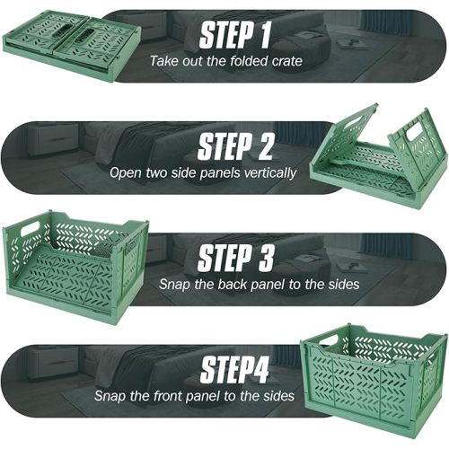 Domiella 2-Pack Crates for Storage, Storage Crates Plastic Stackable, Foldable Crate for Office Home Kitchen Bedroom Bathroom (Tall, Green)