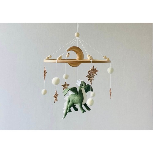 Dragon nursery baby mobile, Felt hanging toy, Baby boy mobile, Fantasy baby nursery, Golden moon and stars, Baby shower gift, newborn gifts.
