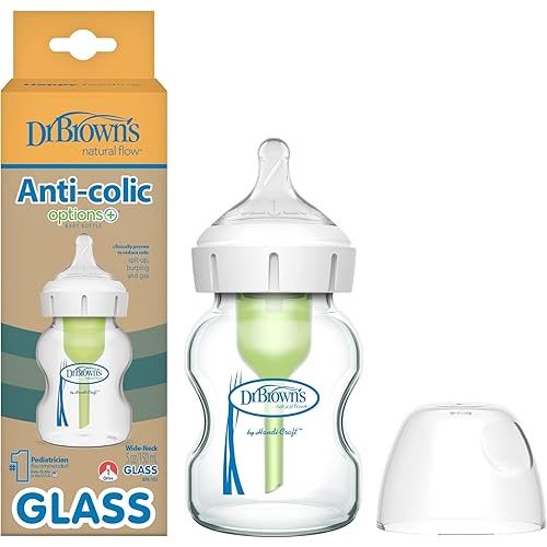 Dr. Brown's Natural Flow Anti-Colic Options+ Wide-Neck Glass Baby Bottle 5 oz/150 mL, with Level 1 Slow Flow Nipple, 1 Pack, 0m+