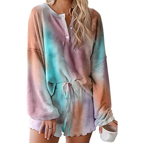 Lopie Womens Lounge Sets 2 Piece Pajamas Set Long Sleeve Tops and Shorts Sleepwear Tie Dye Printed Nightwear