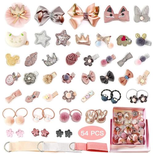 ZOCONE Baby Hair Clips and Hair Ties, 54pcs Cute Bow Hairpins Elastic Hair Bands Holders, Hair Accessories for Baby Girls Toddlers (Pink Grey Orange)