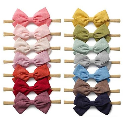 14 Pack Baby Girls Nylon Headbands Linen Hair Bows Hairbands Handmade Hair Accessories for Newborn Infant Toddlers Kids