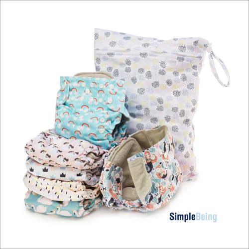 Simple Being Reusable Cloth Diapers- One Size Adjustable, Washable Soft Absorbent, Waterproof Cover, Eco-Friendly Unisex Baby Girl Boy, six 4-Layers Microfiber Inserts (Whimsical)