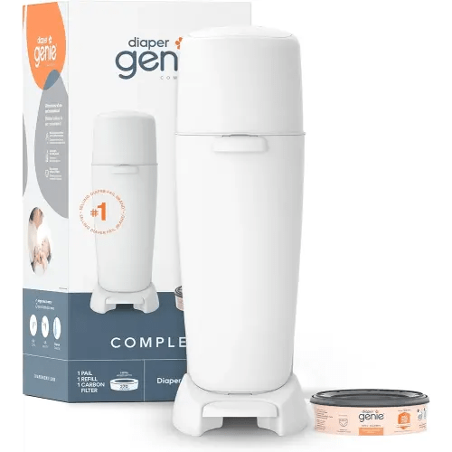 Diaper Genie Complete Diaper Pail (White) with Antimicrobial Odor Control | Includes 1 Diaper Trash Can, 1 Refill Bags, 1 Carbon Filter, Packaging may vary
