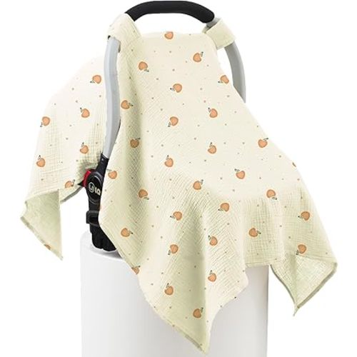 100% Muslin Cotton Car Seat Cover Baby, Carseat Canopy Cover, Universal Fit Stroller Covers for Boys and Girls (Cute Cherry)