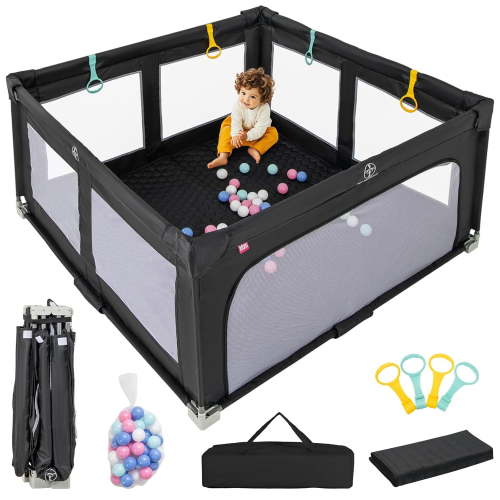 OLAKIDS Foldable Baby Playpen with Mat, 59” x 59” Large Baby Play Yard for Infant with 50 Ocean Balls, 4 Handlers, Carry Bag, Indoor Outdoor Fence Toddler Activity Center - Black