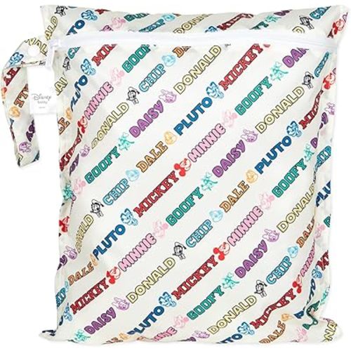 Bumkins Disney Waterproof Wet Bag for Baby, Travel, Swim Suit, Cloth Diaper, Pump Parts, Pool, Beach, Gym Clothes, Toiletry, Hook to Stroller, Daycare, Zipper Reusable Wetdry, Mickey and Friends White