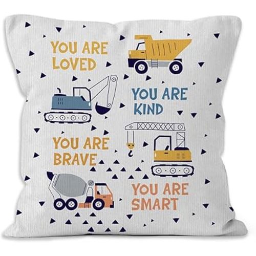 Construction Vehicles Throw Pillow Covers, Inspirational Decorative Pillows Covers, Motivational Gifts for Boys Toddlers, Boys Kids Room Decor, You are Loved Nursery Decor Pillow Covers 18x18