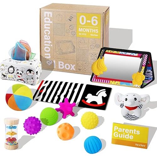 Montessori Toys for Babies 0-6 Months,7 in 1 Newborn Toys Baby Gifts Set Early Learning Toys with Black & White Baby Flashcards,Tummy Time Mirror,Baby Rattle,Sensory Balls,Tissue Box Toys,Rain Stick