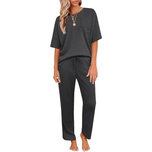 JiniGolla Womens Pajama Sets Waffle Knit Short Sleeve Shirt with Long Pajama Pants Soft Sleepwear Pj Lounge Sets