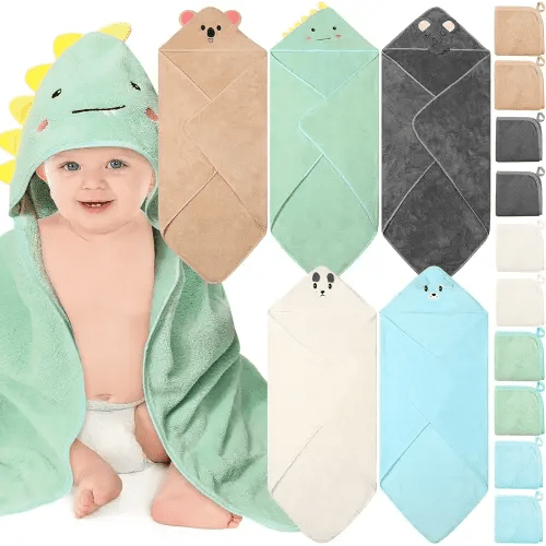 15 PCS Hooded Baby Towels, Soft Baby Towel, Absorbent Baby Bath Towel, 5 Styles Baby Towels and 10 PCS Baby Washcloths for Newborns, Toddlers, and Kids, 32x32 in Baby Towel with Hood for Boy and Girl
