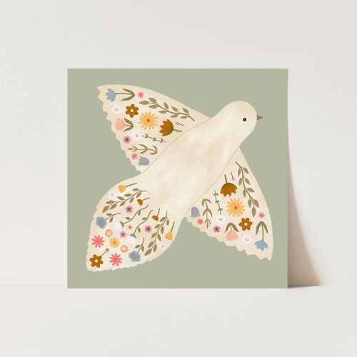 Floral Dove print in sage, children's decor, nursery rainbow decor, perfect birthday gift for her or wall decor