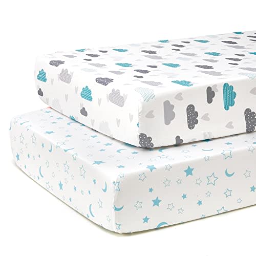 TILLYOU Baby Crib Sheets for Boys Girls, Fitted Crib Sheet 2 Pack for Standard Crib and Toddler Mattresses, Super Soft Toddler Bed Sheets, 28"x52", Blue Clouds & Blue Stars
