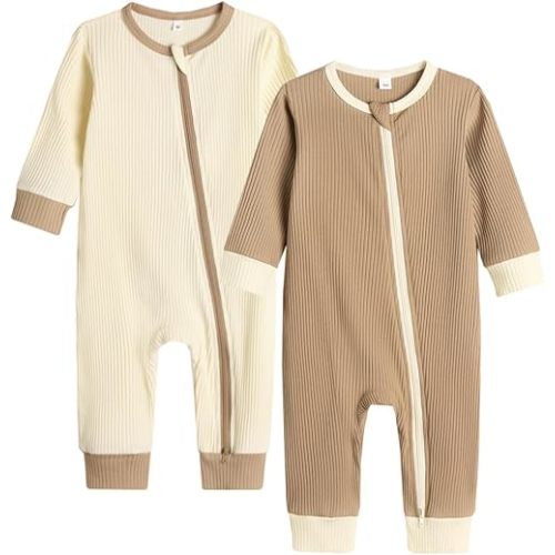 Bafeicao Unisex Baby Boy 6-12 mos, 2 Pack Rompers Long Sleeve Two Way Zipper Romper One Piece Jumpsuits Clothes Sets