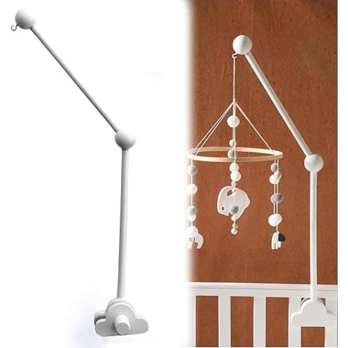 QOOWFEANIG Mobile for Crib,Baby Crib Mobile Arm 27.17inch,Strong Hold Anti Slip Attachment Clamp,Wooden Cloud Design Detachable Adjustable Holder Cute Cot Bed Bell Wind Chimes Hanger Bracket