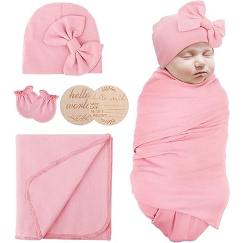 Newborn Receiving Blanket Baby Girl Swaddles Wraps with Bow Hat Mittens Wooden Card for Newborns Toddler Gift Baby Essentials