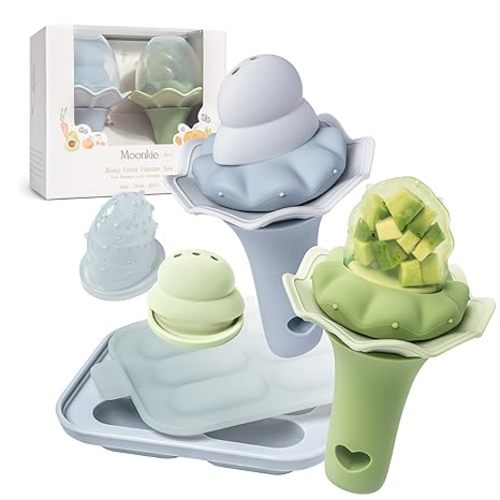 Moonkie Baby Fruit Feeder with Freezer Tray, BPA Free Silicone Food Feeder for Infant Self Feeding, Breastmilk Popsicle Molds, Mesh Feeder with Two Pouches, Baby Shower Gifts 4 Months+, 2 Pack