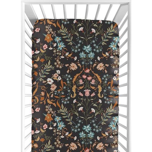 Sweet Jojo Designs Fitted Baby Crib Sheets (Black Wildflower Vintage Floral) for Girls, Infant Nursery, Toddler Room - Standard Size (Boho, Paisley, Bohemian, Cottagecore, Farmhouse, Flower Garden)