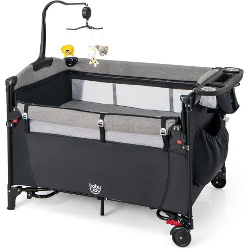 BABY JOY 5-in-1 Pack and Play, Baby Bedside Sleeper with Bassinet, Multifunction Bedside Crib from Newborn to Toddlers, U-Shaped Diaper Changer, Playard, Safety Strap, Music Box & Hanging Toys