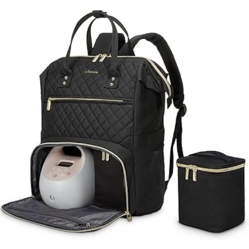 LOVEVOOK Breast Pump Backpack with Cooler Bag, Quilted Breast Pump Bags Fits Spectra S1, S2 Medela, Travel Double Layer Pumping Bag for Working Moms with 15.6" Laptop Pocket, Black