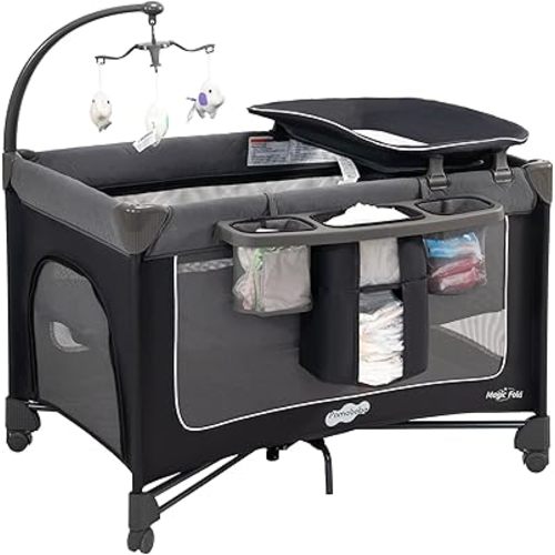 Pamo Babe Magic Fold Playard 1 Step Setup Pack and Play with Bassinet Baby Playard Portable Crib with Zip Door & Changing Table