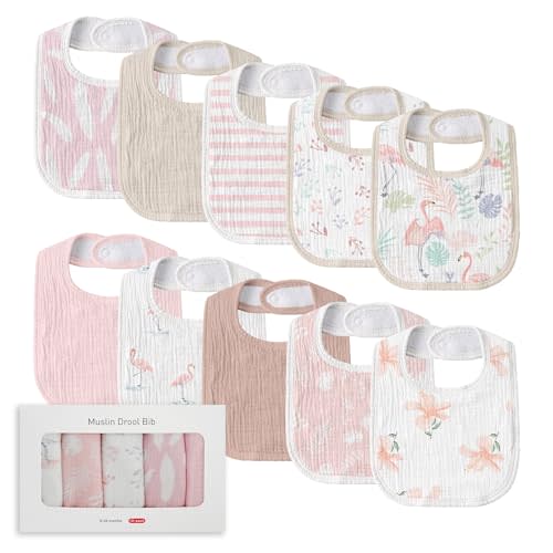 Muslin Baby Drool Bibs for Unisex Boys Girls, 10 Pack Soft Cotton Baby Bib for Teething Drooling, Essentials Shower Gift (10, Light Pink)