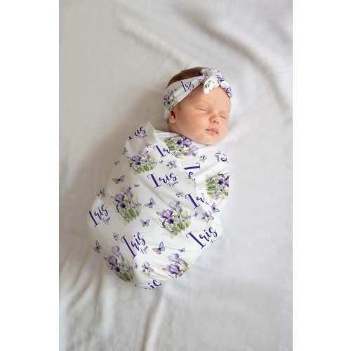 Iris Flowers Swaddle Set, Iris Flowers Swaddle, Personalized Baby Blanket, Purple Iris Blanket, Iris Baby Shower Gift F98