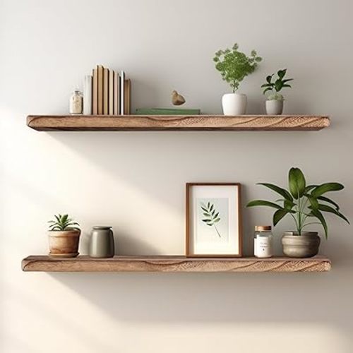 Floating Shelves 24 Inches Long, Set of 2 Rustic Wood Wall Mounted Shelves, Wall Picture Ledge Shelf with Invisible Metal Brackets for Living Room, Bedroom, Bathroom, Carbonized Black
