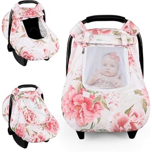 Car Seat Cover Baby, HNHUAMING Infant Car Seat Covers Canopy for Baby Girl Boy, Cozy & Windproof Newborn Carseat Covers Mink Dot Backing Stroller Cover with Breathable Mesh Window, Pink Flower