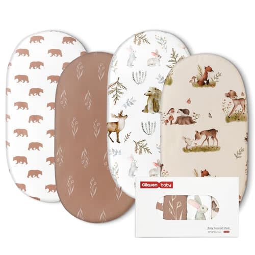 Gllquen Baby Bassinet Sheets 4 Pack, Breathable Cozy Fitted Mattress Sheet, Elastic Travel Crib Fashionable Floral Pattern, Standard Cradle Safe Sheets for Baby Boys Girls 32"x16" (Bear)
