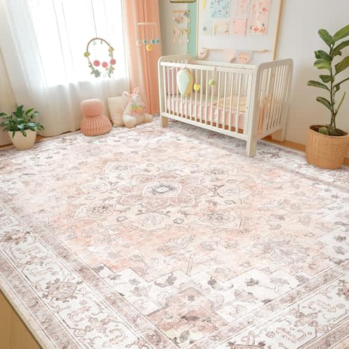 CAPALOCA Machine Washable Rugs Nursery Rug 8x10 Cute Girl Non Slip Low Pile Water Repellent Soft Print Pattern for Bedroom Indoor Decor Kids Playroom Pink