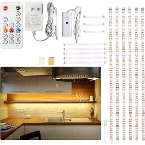 WOBANE Under Cabinet LED Lighting kit, 6 PCS LED Strip Lights with Remote Control Dimmer and Adapter, Dimmable for Kitchen Cabinet,Counter,Shelf,TV Back,Showcase 2700K Warm White,Bright 1500lm,Timing