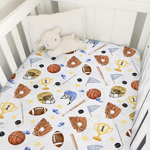 Baby Sports Crib Sheet 52''x28'' American Football Baseball Basketball Stretchy Fitted Mattress Cover for Boy Girl Sports Lovers Gift Soft Sheets for Standard Toddler Mattress