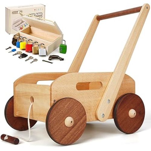 Wooden Baby Walker for Toddlers, Adjustable Speed Push Toys for Babies Learning to Walk, with 8 PCS Montessori Lock and Key Toy Set, Educational Toys for Kids Boys Girls
