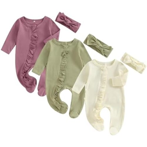 Merqwadd Baby Girl Zipper Pajama Footies 3 Pack Ruffle Sleeper Coming Home Infant Cotton Clothes