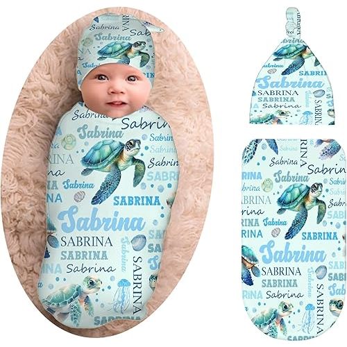 Personalized Baby Swaddle Blanket & Hat Set for Boys Girls, Customized Newborn Gifts, Custom Sea Turtle Receiving Blanket with Name, Ultra Soft Nursery Swaddle Wrap, Swaddling Sleeping Sacks